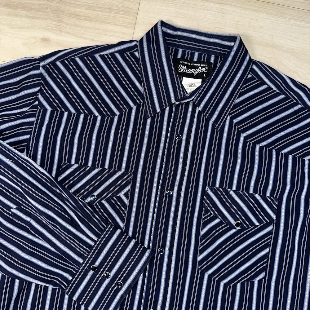 Wrangler Mens Shirt Stripped Navy Black Pearl Snap Large Long Sleeve Western